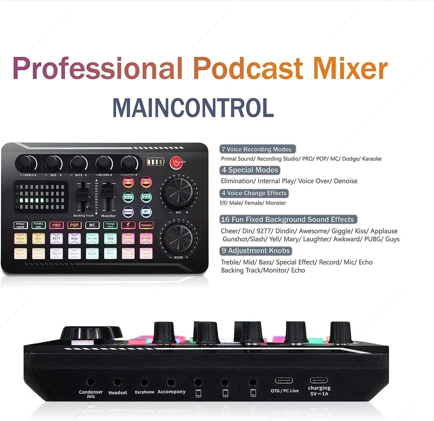 Professional Wireless Microphone Sound Card - Bluetooth Voice Changer Mixer with USB Condenser Mic for PC Live Streaming & Recording