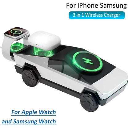 3-in-1 Magnetic Wireless Charger Stand - Cybertruck Desktop Phone Holder for iPhone 17-12 Pro Max Apple Watch & AirPods Pro