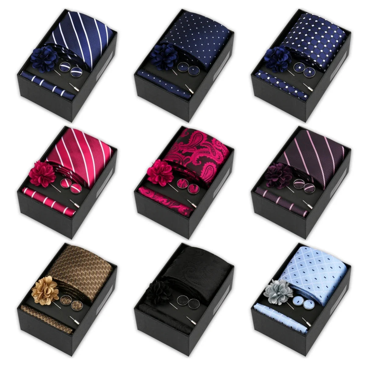 Men’s 4-Piece Tie Set Gift Box - Elegant Necktie with Handkerchief, Cufflinks & Brooch for Business, Wedding & Suit Accessories