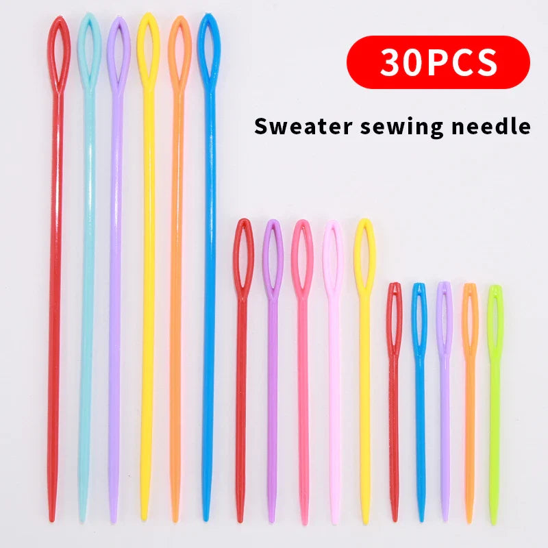 30 Pcs Mixed Color Knitting Needles & Crochet Hooks Set – 7/9/15cm Plastic Yarn Needles for Children DIY Sweater Weaving