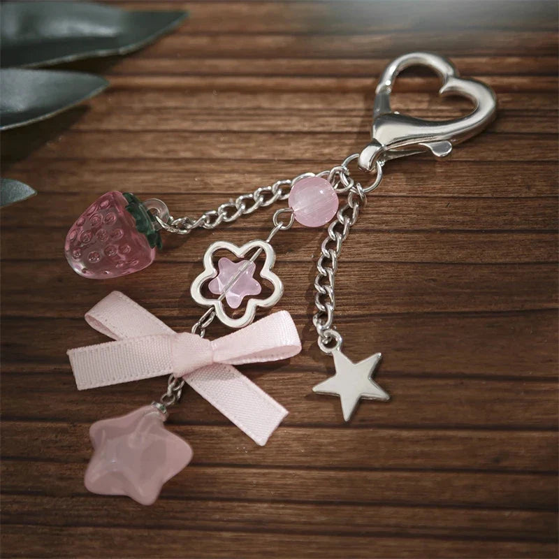 Cute Strawberry Bow Keychain - Y2K Pink Star Flower Tassel Heart Phone Charm Pendant for Women & Girls