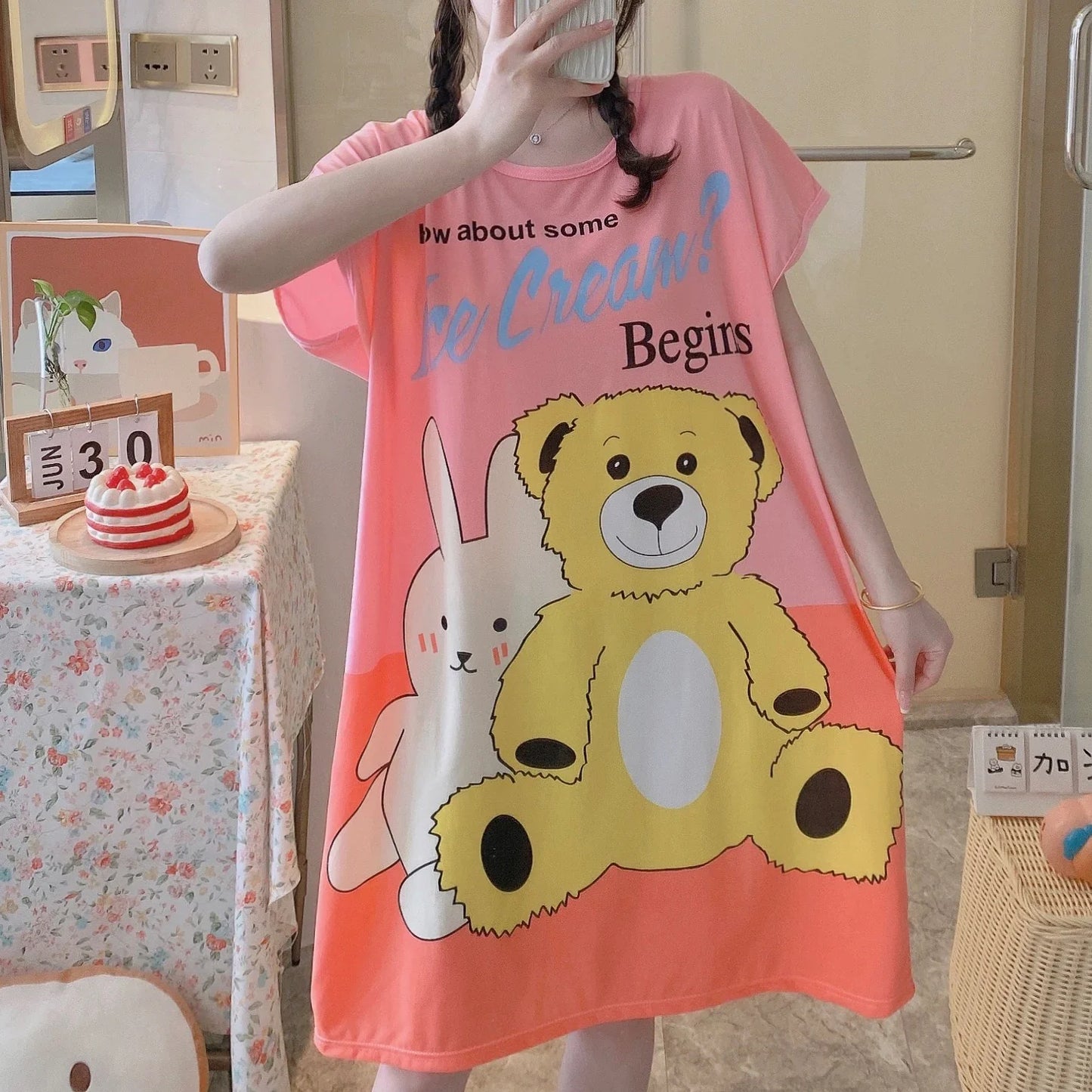 Girls’ Summer & Autumn Cartoon Nightdress – Cute Short-Sleeved Pajama Dress, Comfortable Homewear, Polyester Sleepwear