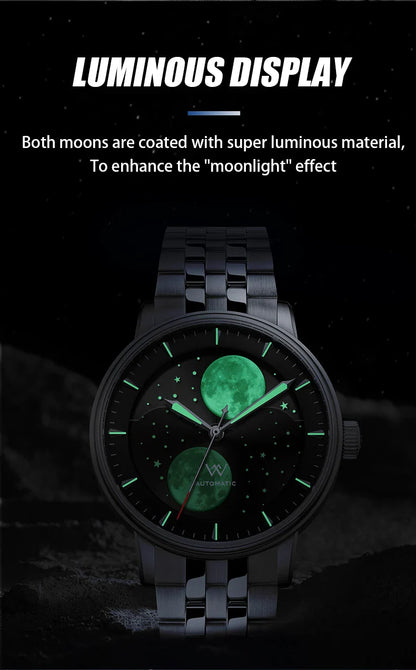 WM Welly Merck Automatic Mechanical Men's Watch — Lunar Moon Phase, Sapphire, Waterproof, Luminous Twin Moons WM142