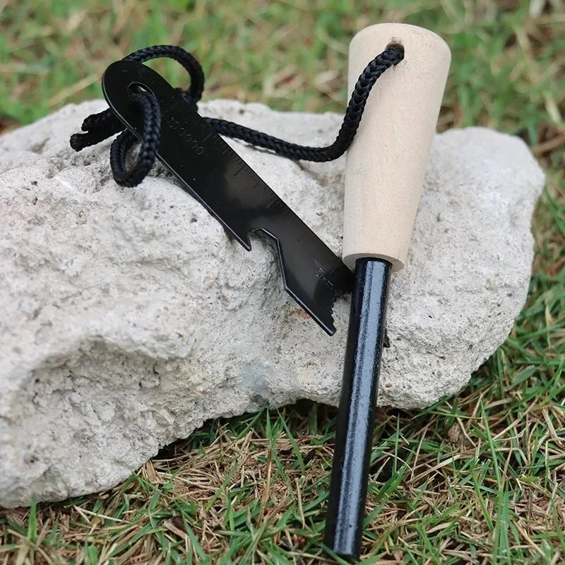 Wilderness Survival Flint Kit - Magnesium Fire Starter Stick with Wooden Handle for Camping Outdoor Emergency Gear