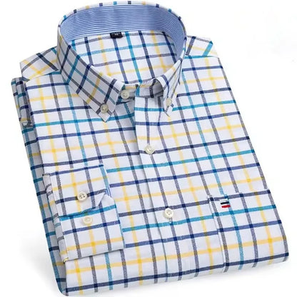 Men’s Checkered Oxford Shirt - Long Sleeve Cotton Button Down Gingham Top with Single Pocket 6XL-7XL
