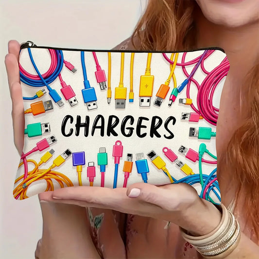 Colorful Cable & USB Storage Bag - Travel Organizer Zipper Pouch with "CHARGERS" Print