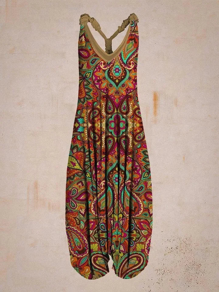 Bohemian Wide Leg Jumpsuit - Vintage Mandala Paisley Print Loose Fit Backless Women Harem Romper