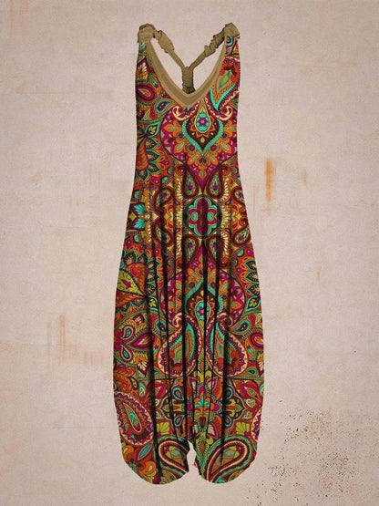 Bohemian Wide Leg Jumpsuit - Vintage Mandala Paisley Print Loose Fit Backless Women Harem Romper
