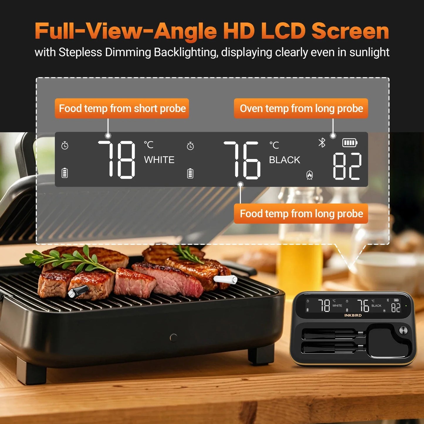 INKBIRD Dual-Mode Wireless Meat Thermometer – Long & Short Probe, Backlit LCD, IP67 Waterproof with BBQ Alarm