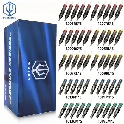 POSEIDON V2 50PCS Mixed Tattoo Cartridge Needles – RL, RS, RM, M1 Disposable Safety Membrane Needles for Professional Tattooing