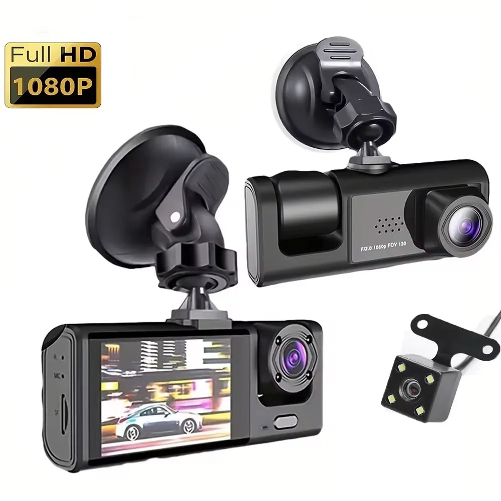 1080P 3-Channel Dash Cam - IR Night Vision, Loop Recording & 2-Inch IPS Screen DVR