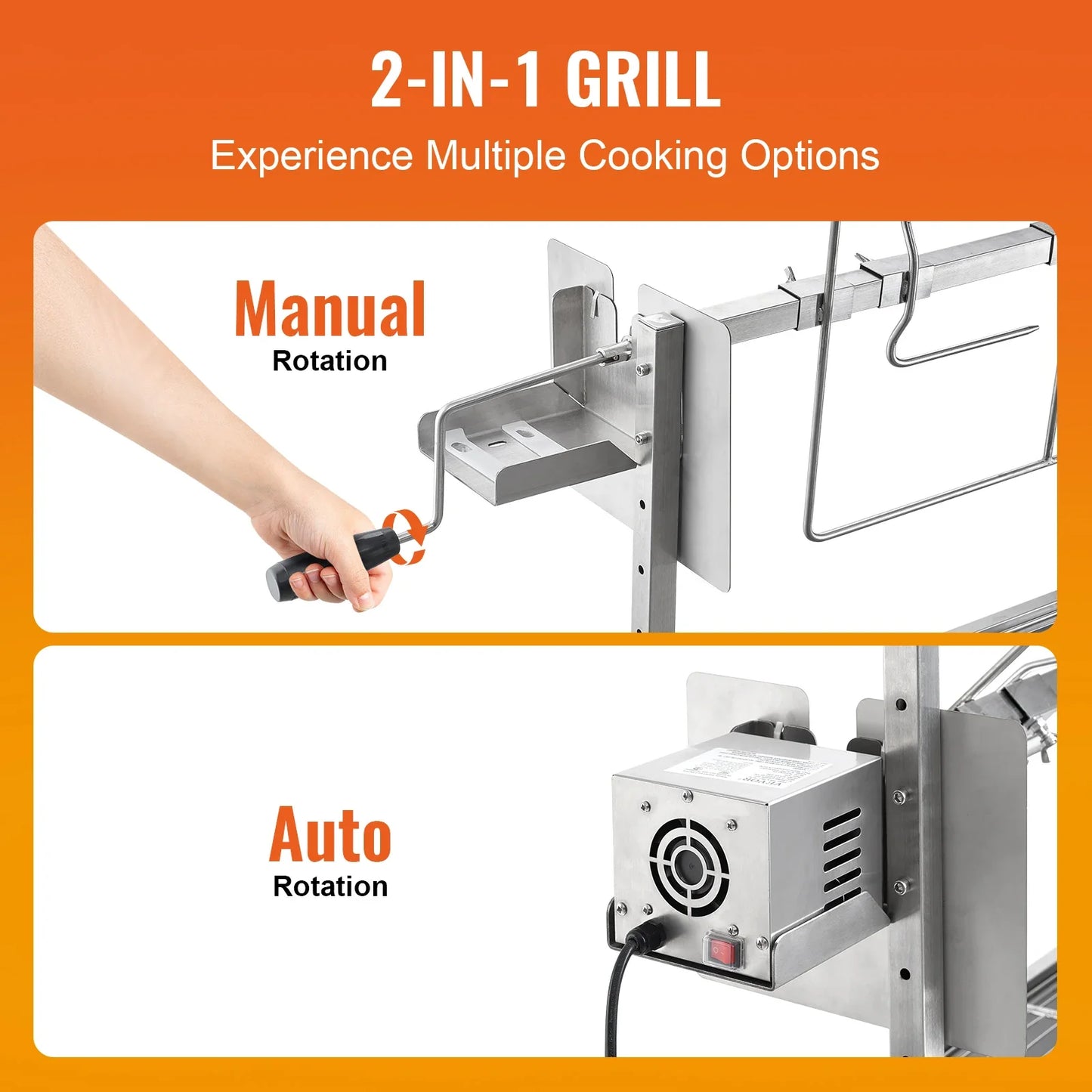 SucceBuy 35-Inch Rotisserie Grill – Electric Motor Charcoal Spit Stainless Steel Roaster with Lockable Wheels for Camping
