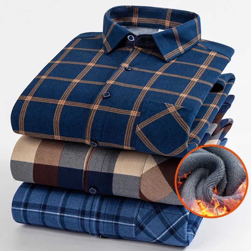Men’s Fleece Plaid Shirt - Warm Thick Long Sleeve Business Check Shirt with Single Pocket for Autumn & Winter