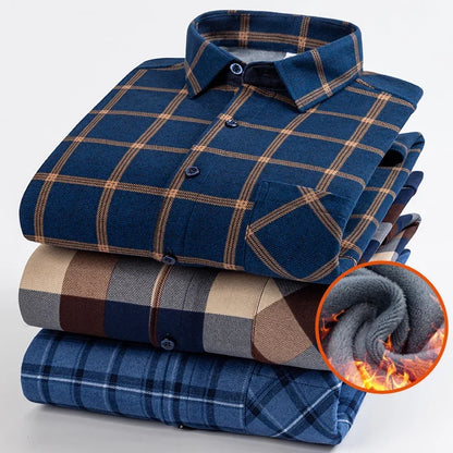 Men’s Fleece Plaid Shirt - Warm Thick Long Sleeve Business Check Shirt with Single Pocket for Autumn & Winter
