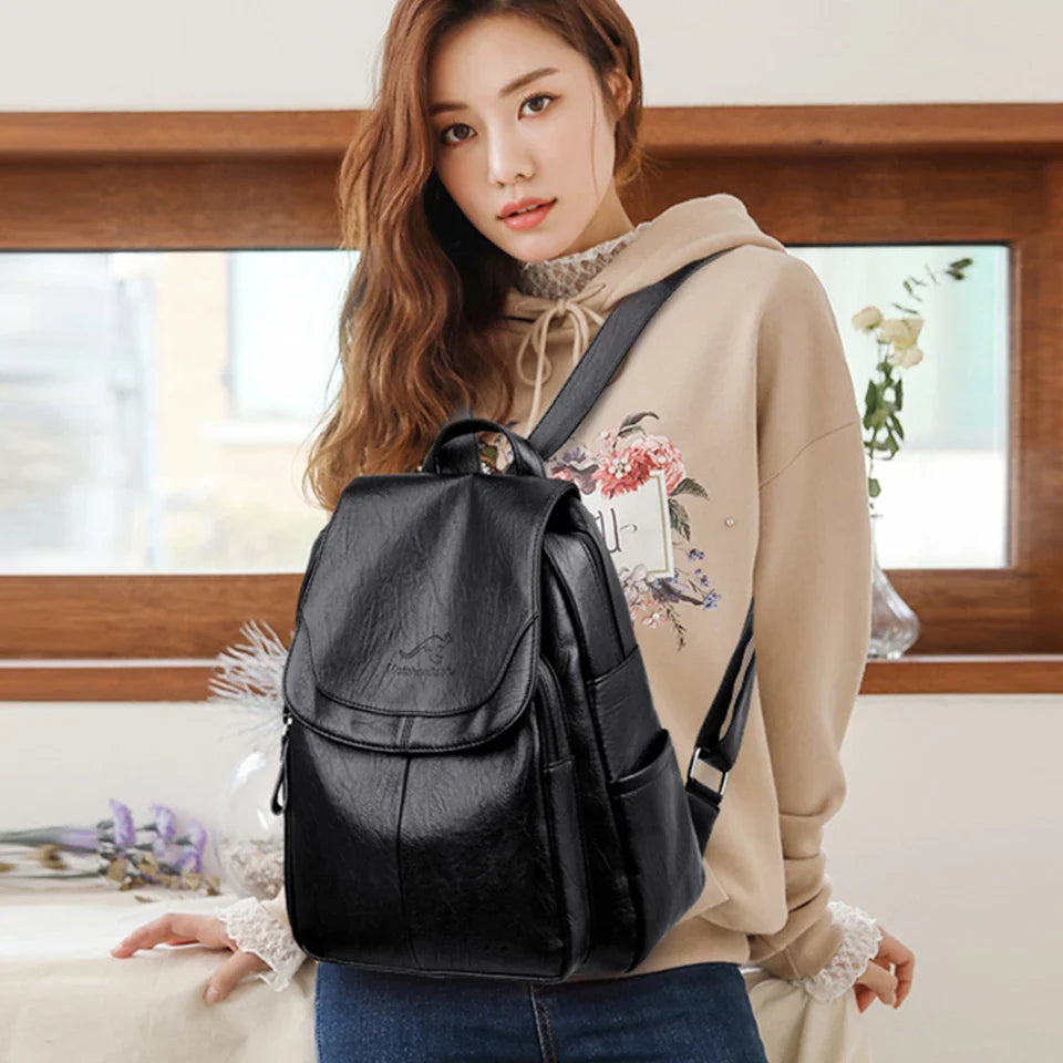 Women’s Large Capacity Leather Bookbag Rucksack - High-Quality Vintage Backpack, School and Travel Purse