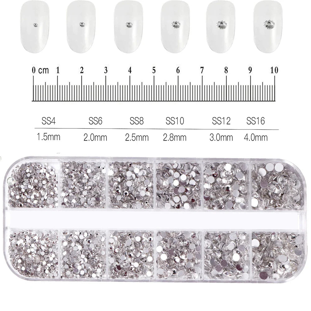12-Grid Mixed Nail Rhinestones SS6-SS30 – Shiny Flat-Back Gems in Clear, Gold, Pink & Blue for Nail Art Decoration