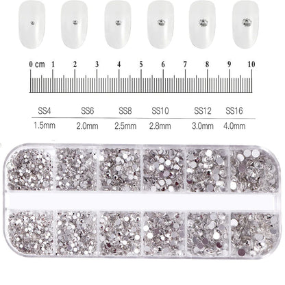 12-Grid Mixed Nail Rhinestones SS6-SS30 – Shiny Flat-Back Gems in Clear, Gold, Pink & Blue for Nail Art Decoration