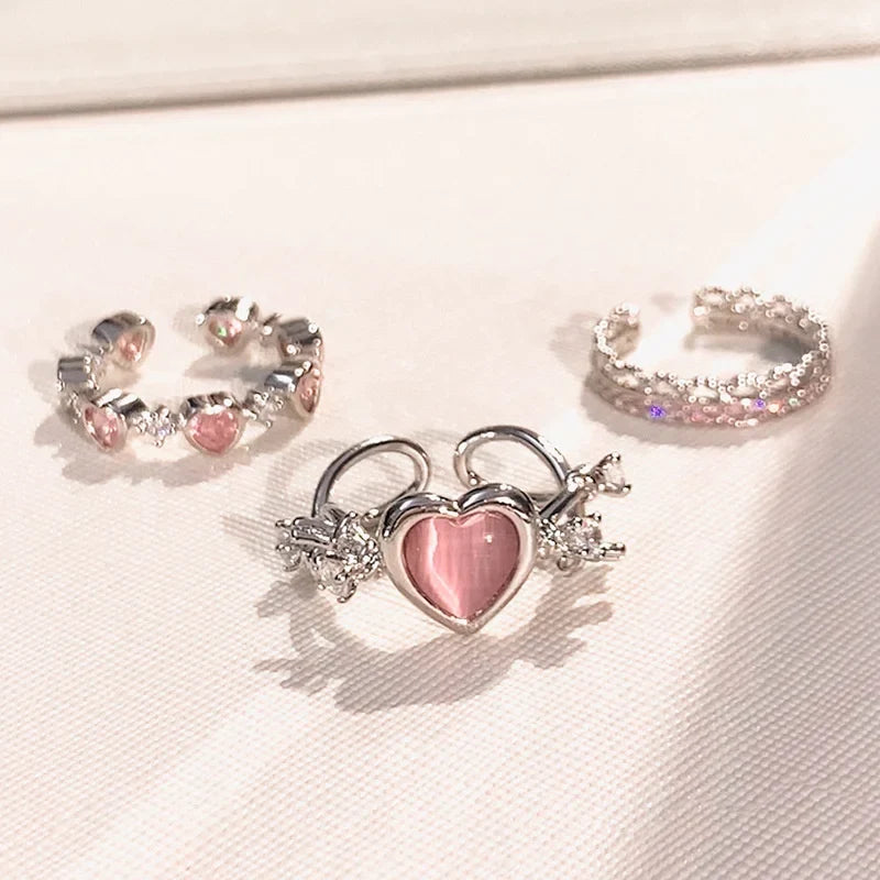 3PCS Heart Zircon Open Ring Set - Y2K Gothic Fashion Jewelry Accessories for Women & Girls