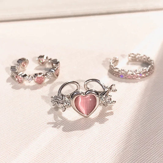 3PCS Heart Zircon Open Ring Set - Y2K Gothic Fashion Jewelry Accessories for Women & Girls