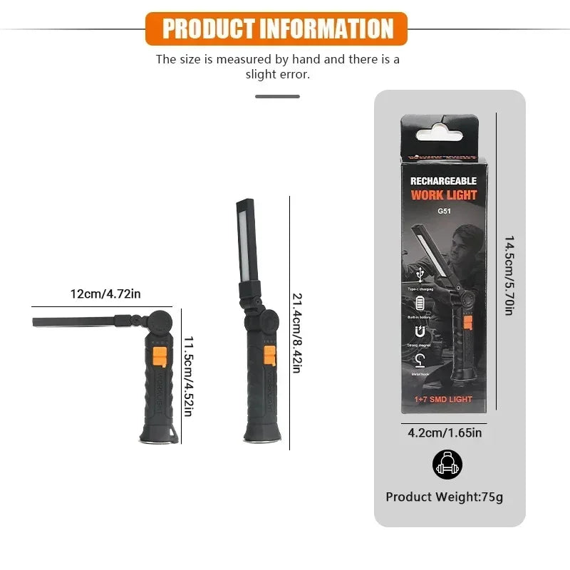 USB Rechargeable LED Flashlight – Built-in Battery Torch with Magnetic Base, 5 Modes for Home & Outdoor Camping