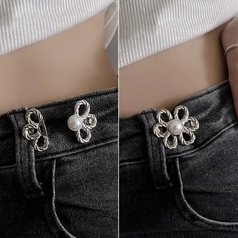 2-Pair Adjustable Waist Buckle Set - Metal Flower Pants & Skirt Waist Tightener Clips for Size Adjustment