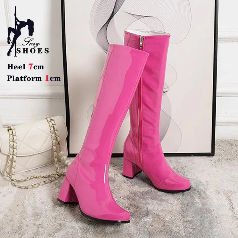 Women’s 7cm Retro Gogo Boots - 60s 70s Knee-High Square Heel Party Boots with Zip Size 44-45