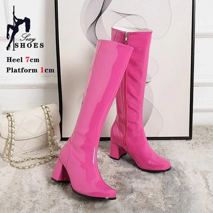 Women’s 7cm Retro Gogo Boots - 60s 70s Knee-High Square Heel Party Boots with Zip Size 44-45