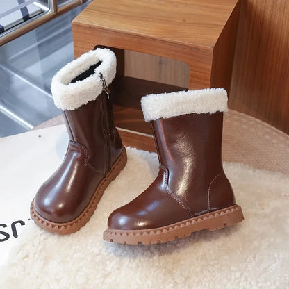 Girls' Wool Winter Boots 2025 – Breathable Lining, Anti-Slip Side Zipper, Fashionable Retro Snow Shoes for Kids