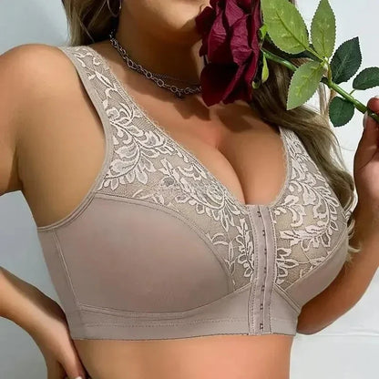 Plus Size Minimizer Bra - 5XL Wireless Front Closure Full Cup Floral Lace Support Bra