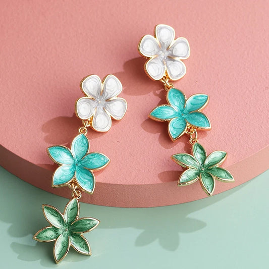 Long Flower Enamel Drop Earrings - Colorful Metal Petal Dangle Party Jewelry for Women