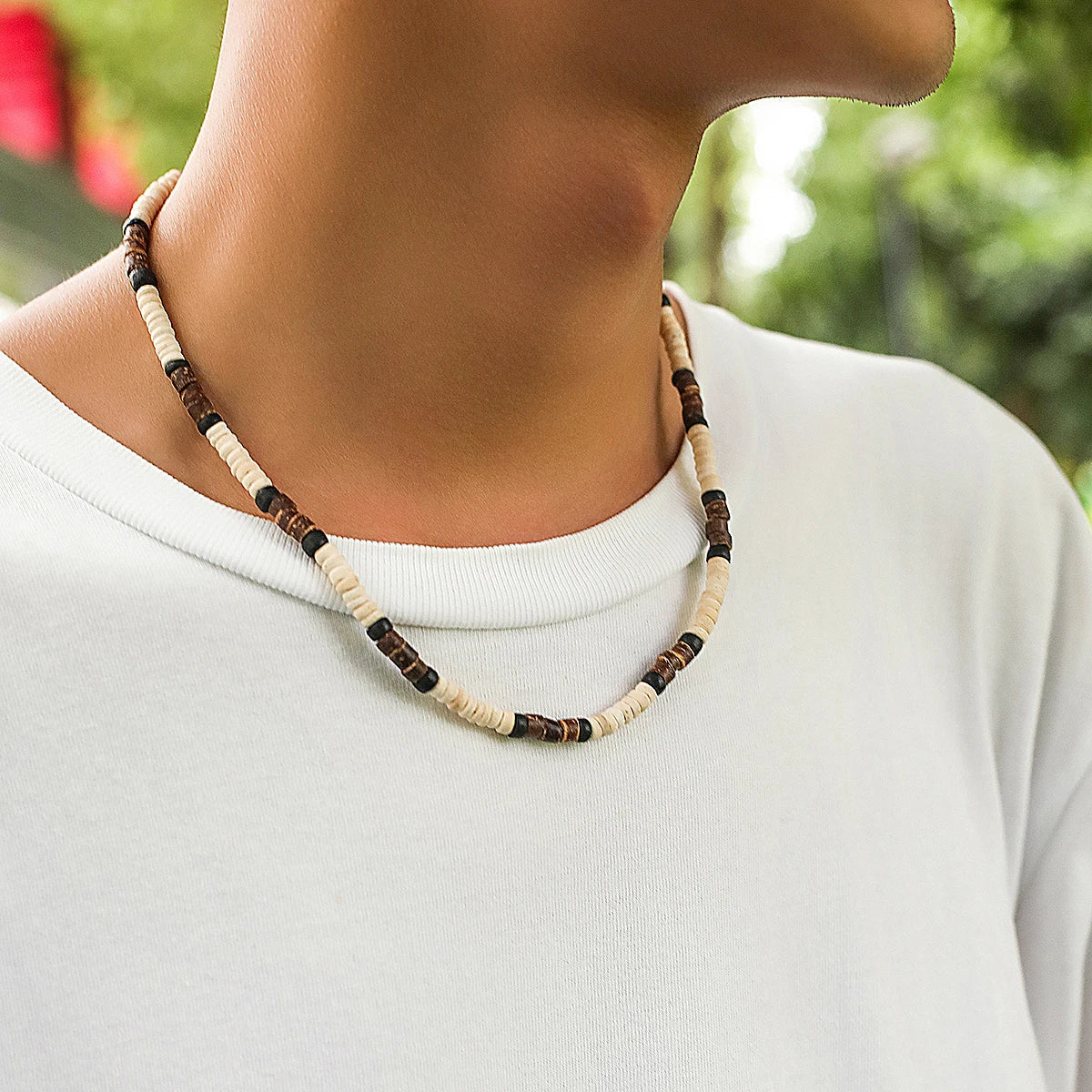 Men’s Summer Beach Wooden Bead Necklace – Handmade Tribal Surfer Jewelry with Geometric Steampunk Design