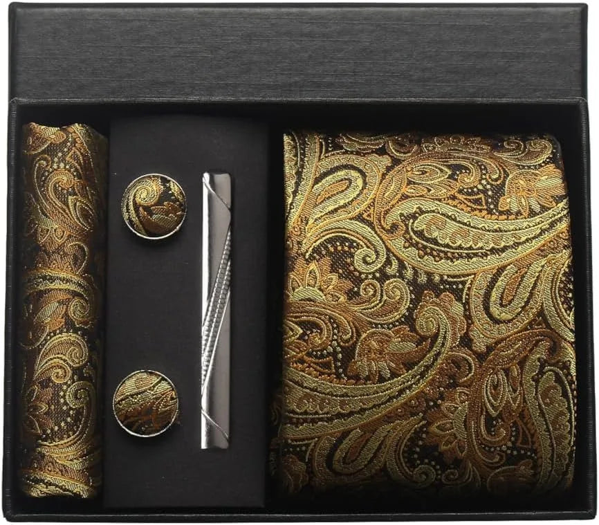 100% Silk Paisley Floral Necktie Set for Men - Premium Business Tie with Pocket Square Tie Clip Cufflinks Gift Box
