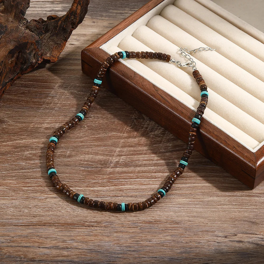 Noter Men’s Natural Coconut Beads Necklace – 19-Inch Handmade Wooden Choker for Casual Jewelry & Gifts