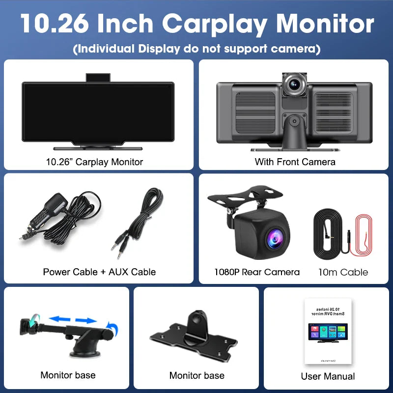 10.26" 4K Dash Cam Car Mirror — Wireless CarPlay Android Auto GPS Multimedia Rearview Camera Dashboard Monitor