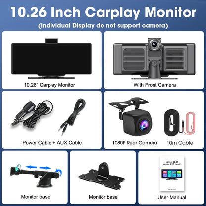 10.26" 4K Dash Cam Car Mirror — Wireless CarPlay Android Auto GPS Multimedia Rearview Camera Dashboard Monitor