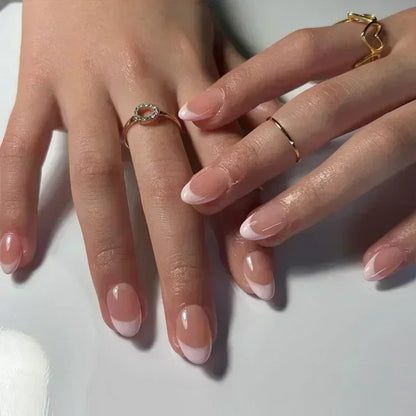 24Pcs French Press On Nails - Almond Fake Nail Tips with Glue, White Edge Design & Pink Stiletto Style Manicure Set