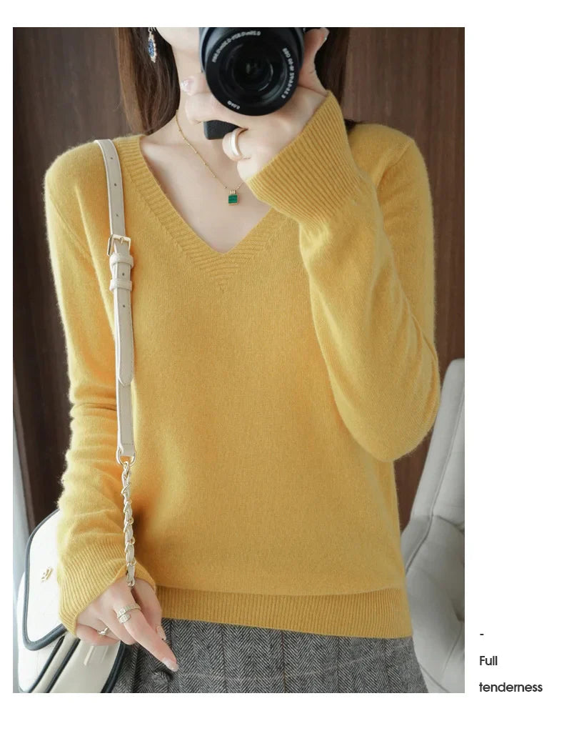 New Women’s Cashmere V-Neck Pullover – Lace Hollow Out Long Sleeve Knitted Sweater for Fall & Winter