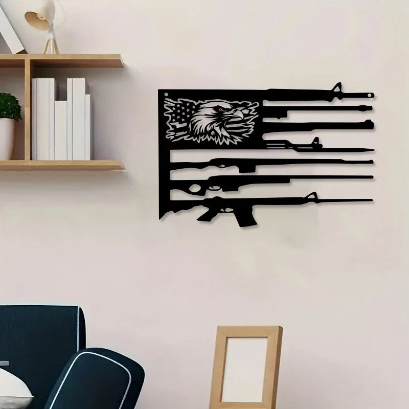 Patriotic Eagle Flag Metal Wall Art - American Gun Theme Sculpture Decor for Home and Gun Enthusiast Spaces
