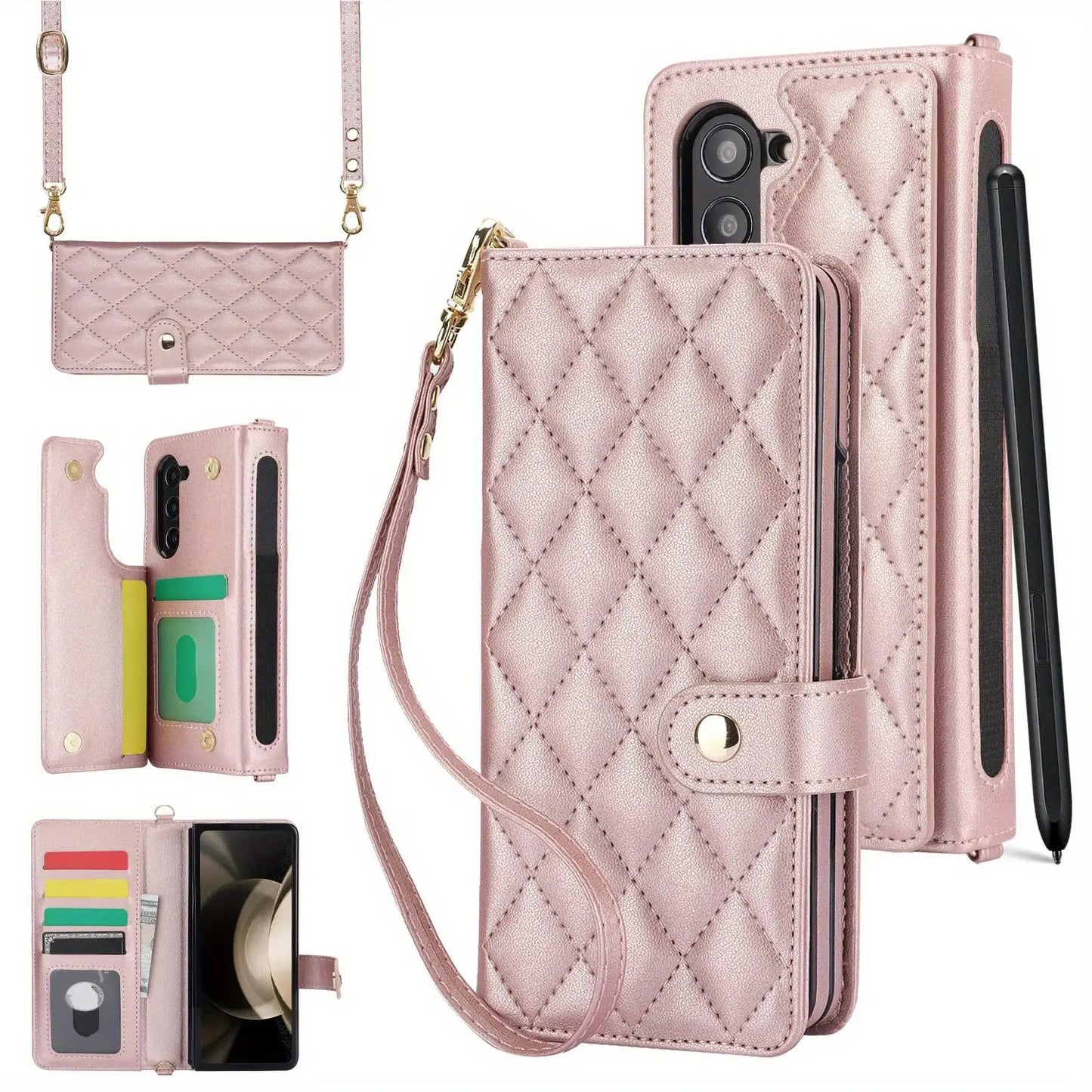 PU Leather Flip Wallet Case for Samsung Galaxy Z Fold 6/5/4/3 5G – Card Holder, Wrist Strap, Crossbody Stand Cover