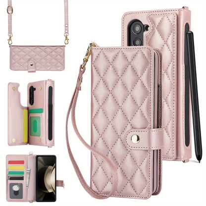 PU Leather Flip Wallet Case for Samsung Galaxy Z Fold 6/5/4/3 5G – Card Holder, Wrist Strap, Crossbody Stand Cover