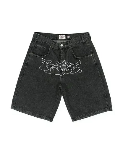Streetwear Retro Patchwork Denim Shorts – Y2K Hip Hop Cartoon Graphic Loose Fit Jeans for Men & Women
