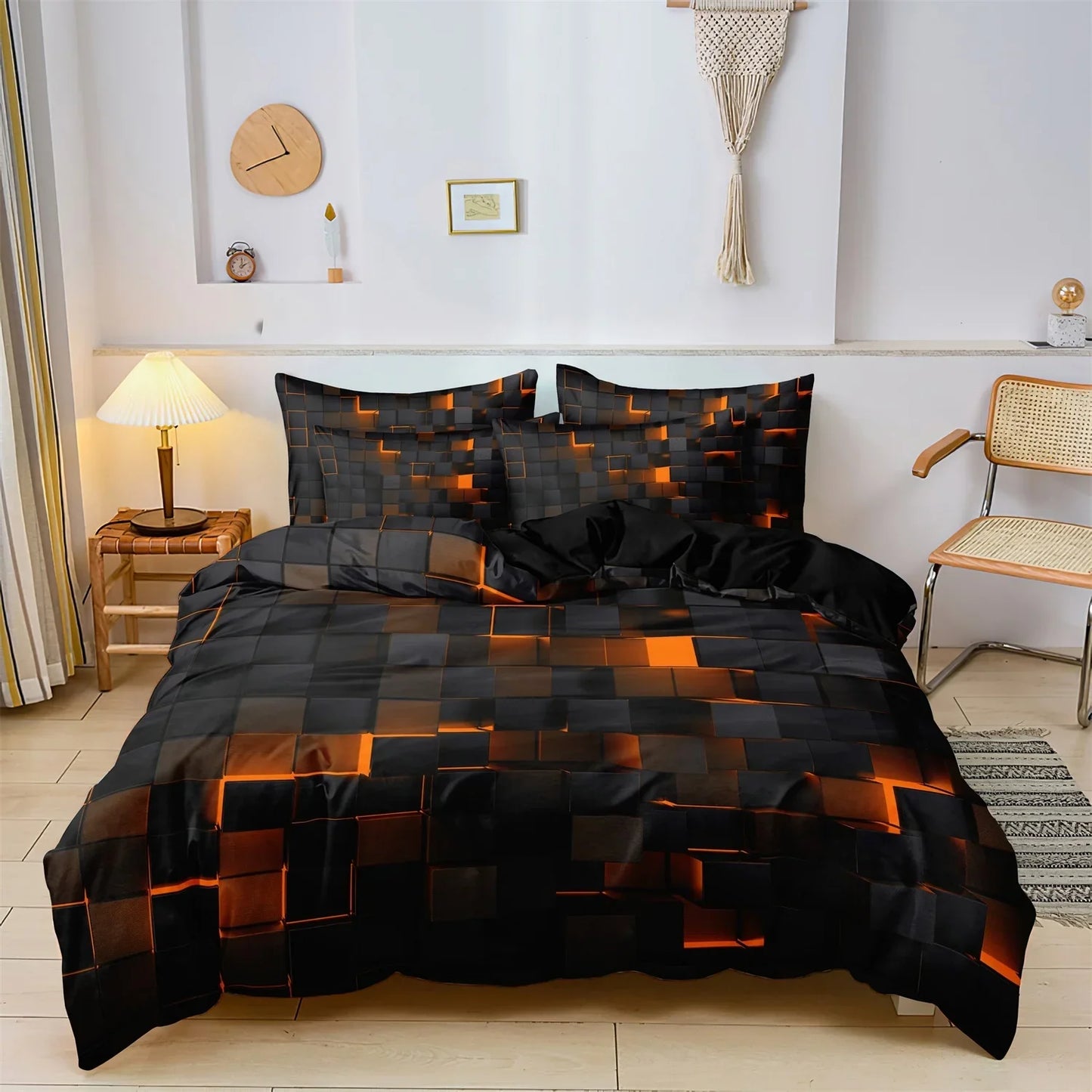 3PCS Geometric Grid Duvet Cover Set - Soft Plaid Bedding with 2 Pillowcases
