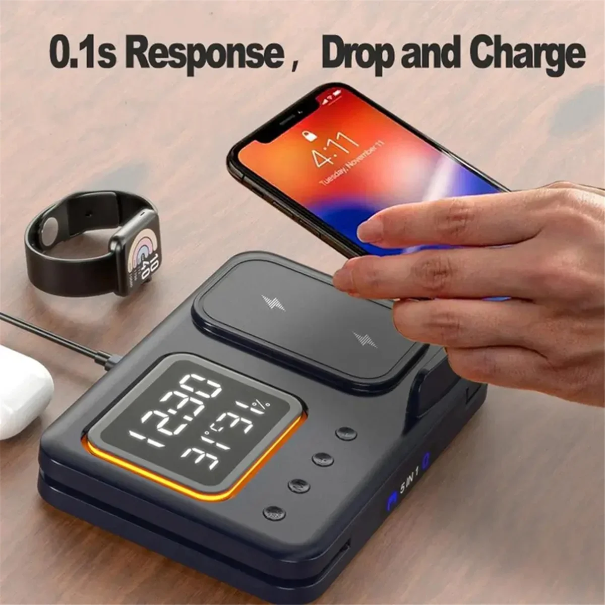 5-in-1 Foldable Wireless Charger Station - LED Digital Alarm Clock Fast Charging Dock for iPhone 15/14 & iWatch 8