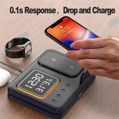 5-in-1 Foldable Wireless Charger Station - LED Digital Alarm Clock Fast Charging Dock for iPhone 15/14 & iWatch 8