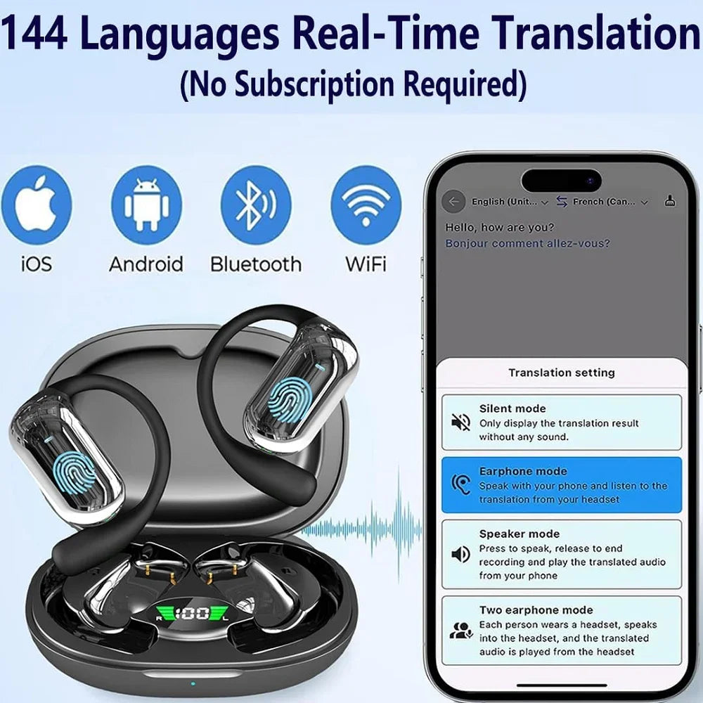 Bluetooth 5.3 AI Translation Earbuds - Open Ear Hook Headphones for Running, Fitness & Real-Time Language Learning