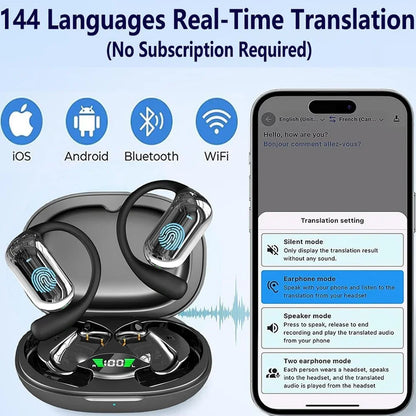 Bluetooth 5.3 AI Translation Earbuds - Open Ear Hook Headphones for Running, Fitness & Real-Time Language Learning