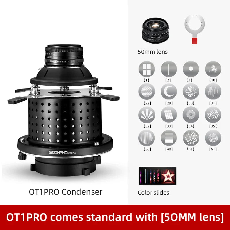 Soonpho OT1 PRO Bowens Mount Optical Snoot – 50mm/85mm/150mm Lenses for Graphic Art Effects, Godox Lighting Flash