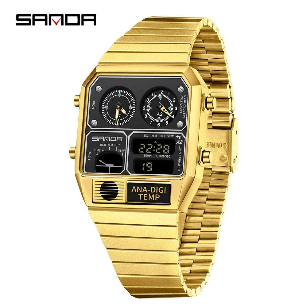 SANDA 3192 LED Electronic Men's Watch – Square Casual Multi-Function Thermometer Stopwatch Chronograph
