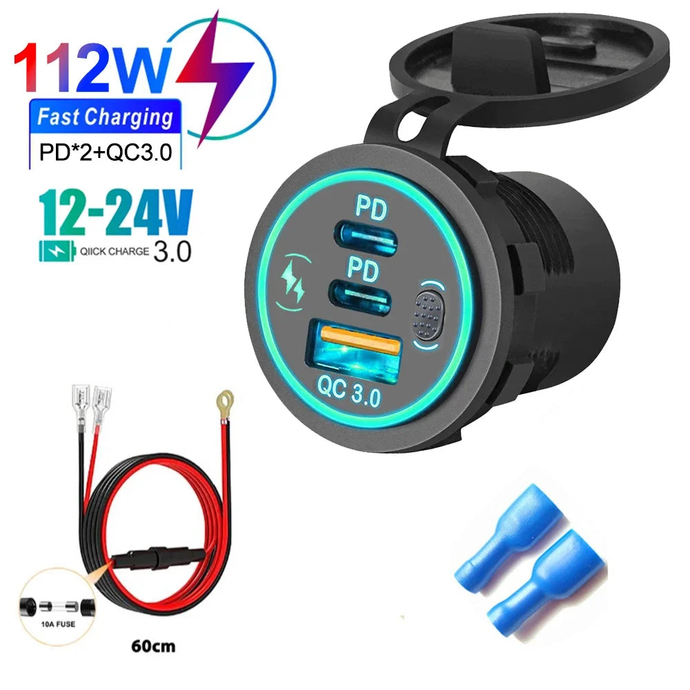 78W Dual USB C Car Charger Socket - PD3.0 & QC3.0 Fast Charging Adapter with LED Touch Switch for 12V/24V Vehicles