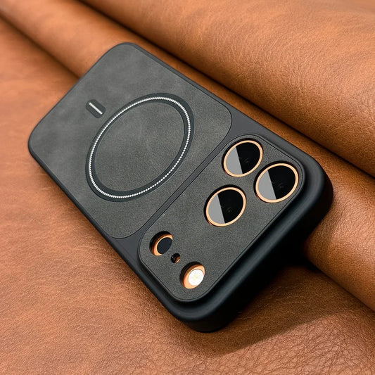 Luxury Matte Leather Magnetic Phone Case - MagSafe Wireless Charging Cover for iPhone 13, 14, 15, 16 & 17 Pro Max Series